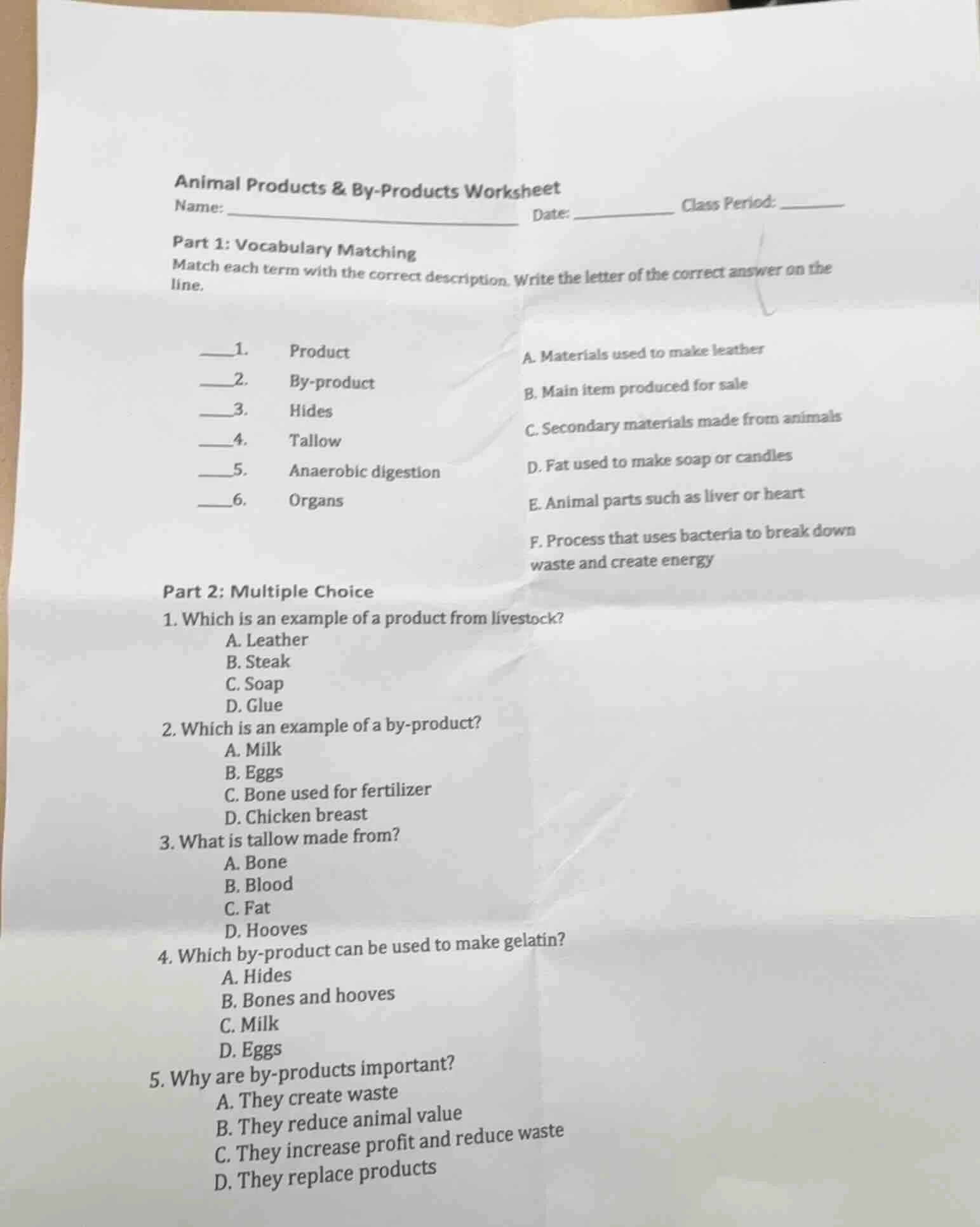 animal products & by-products worksheet name: _________________________…