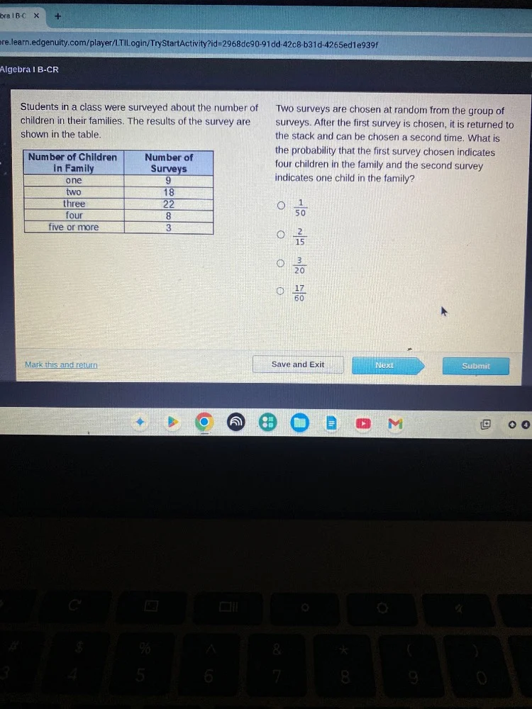algebra i b-cr students in a class were surveyed about the number of ch…