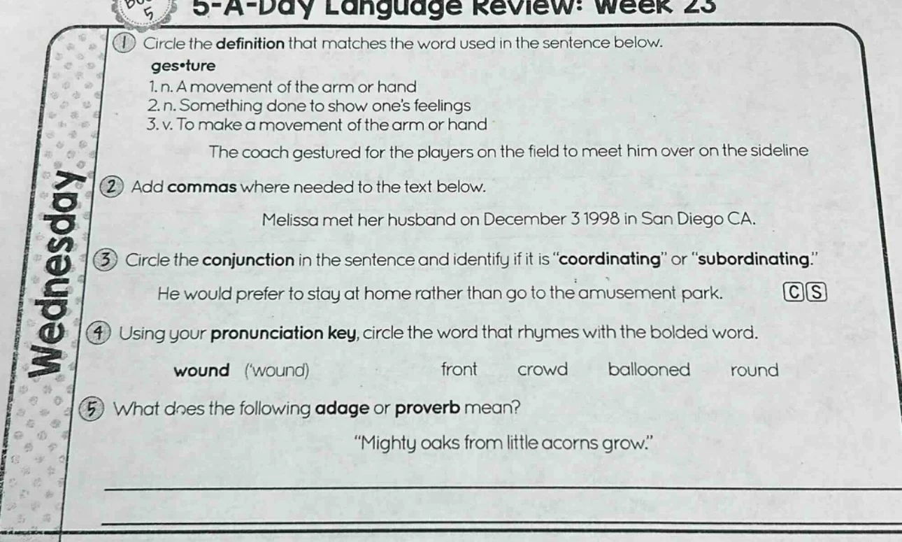 5-a-day language review: week 23wednesday① circle the definition that m…