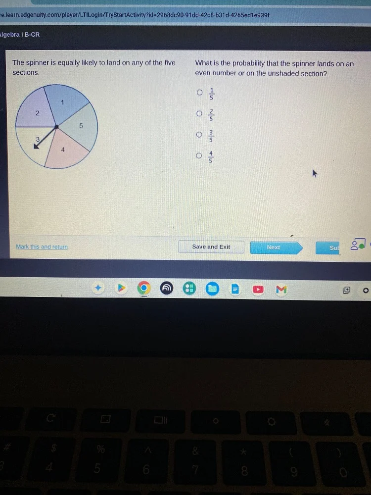 algebra i b-cr the spinner is equally likely to land on any of the five…