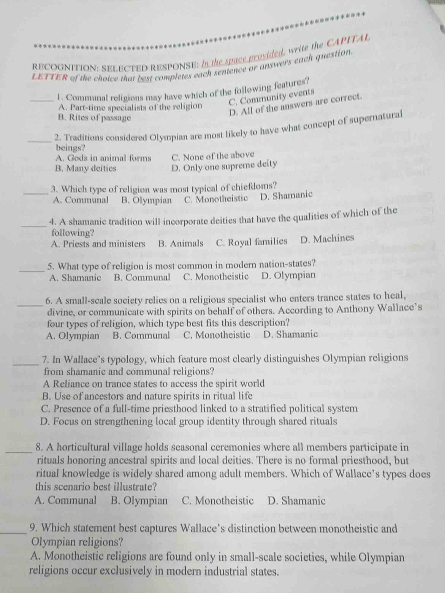 recognition: selected response: in the space provided, write the capita…