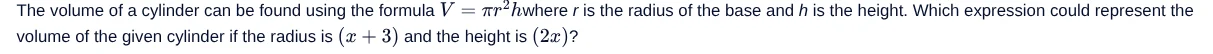 the volume of a cylinder can be found using the formula $v = \\pi r^{2}…