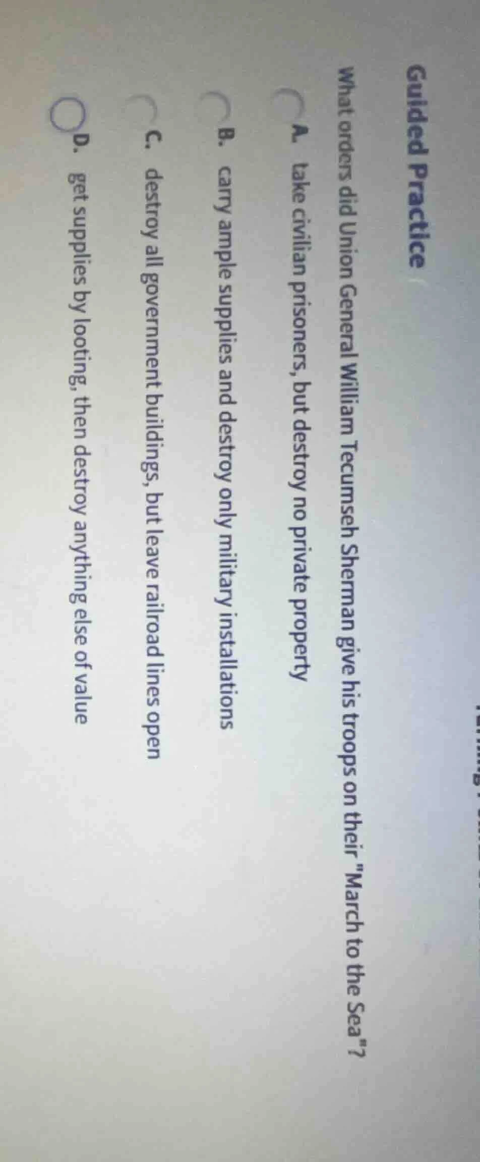 guided practice what orders did union general william tecumseh sherman …