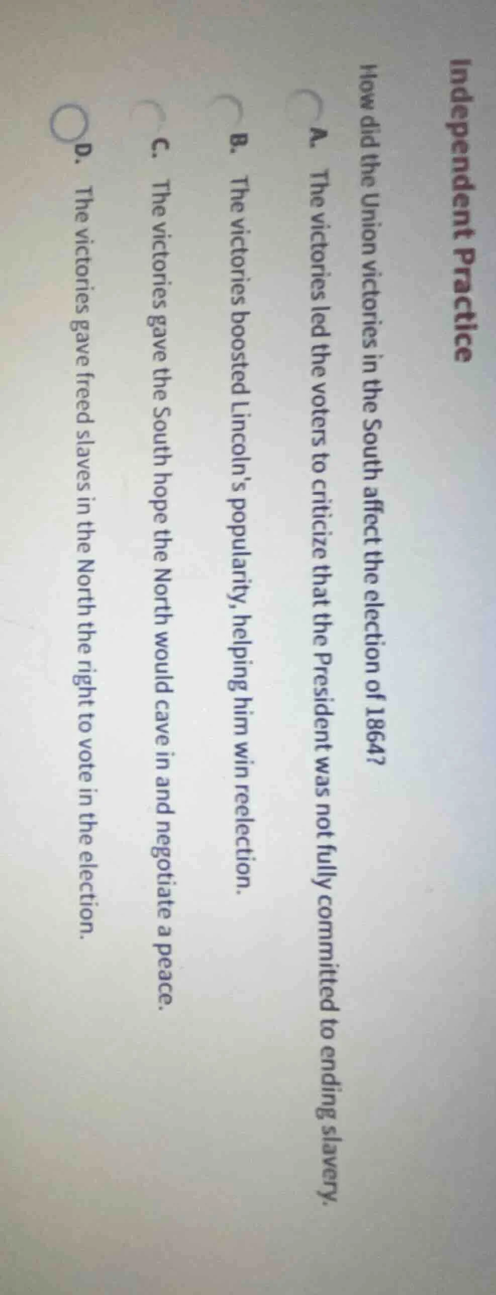 independent practice how did the union victories in the south affect th…