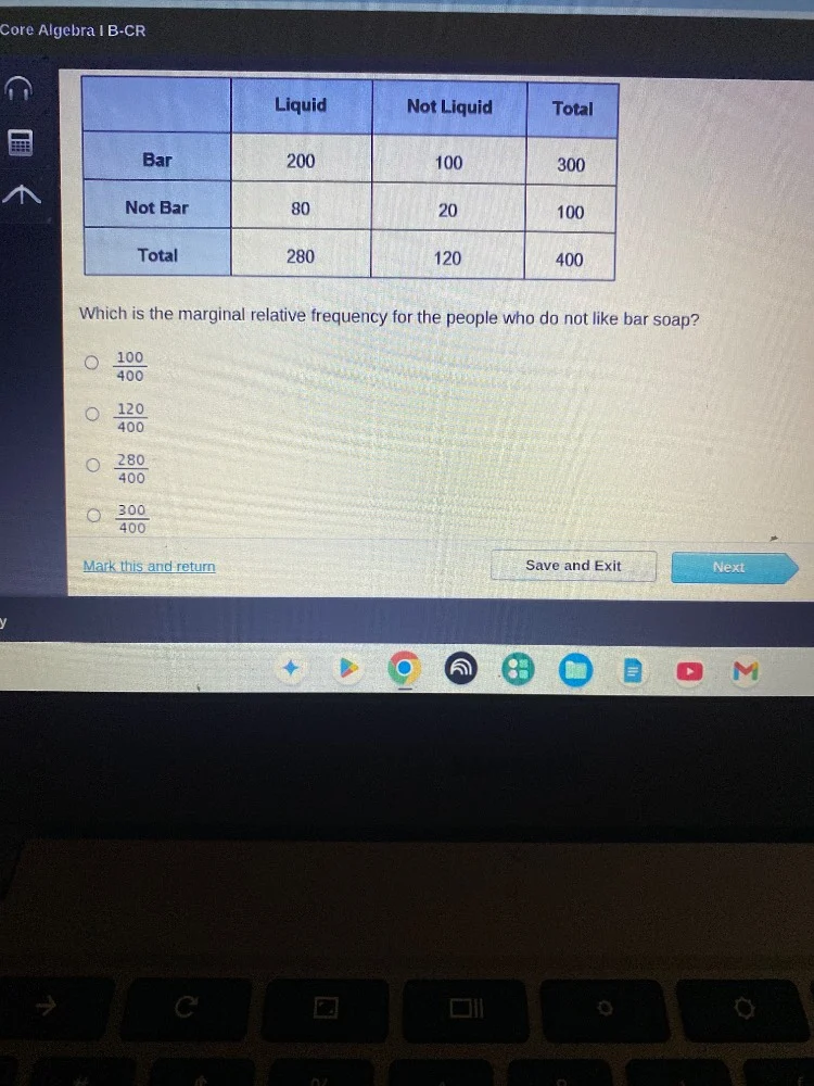 core algebra i b-cr liquid not liquid total bar 200 100 300 not bar 80 …