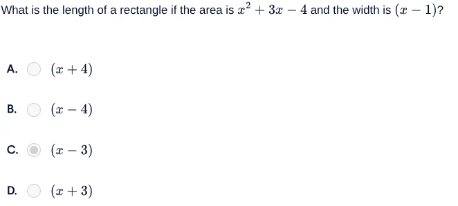 what is the length of a rectangle if the area is $x^2 + 3x - 4$ and the…