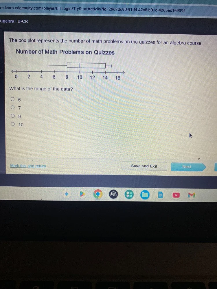 algebra i b-cr the box plot represents the number of math problems on t…