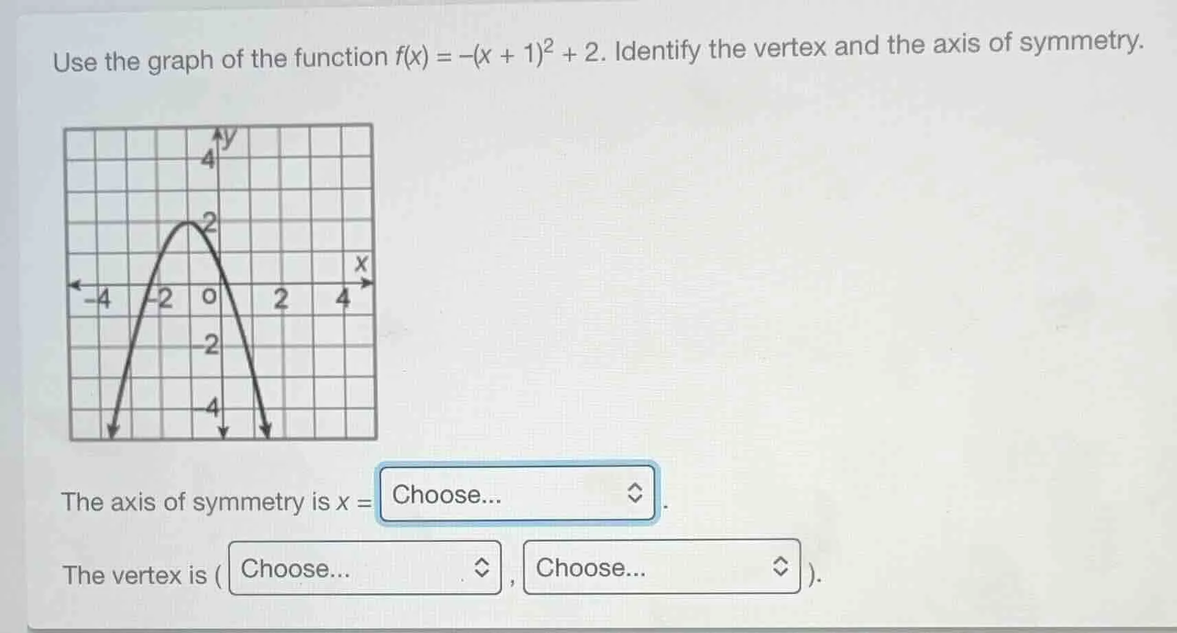 use the graph of the function $f(x) = -(x + 1)^2 + 2$. identify the ver…
