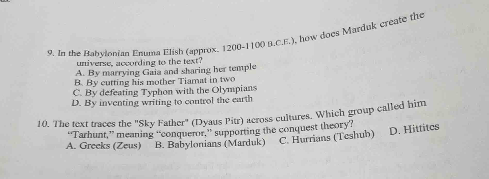 9. in the babylonian enuma elish (approx. 1200-1100 b.c.e.), how does m…