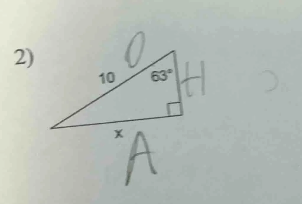 2) in a right triangle, the hypotenuse is 10, one acute angle is 63°, f…