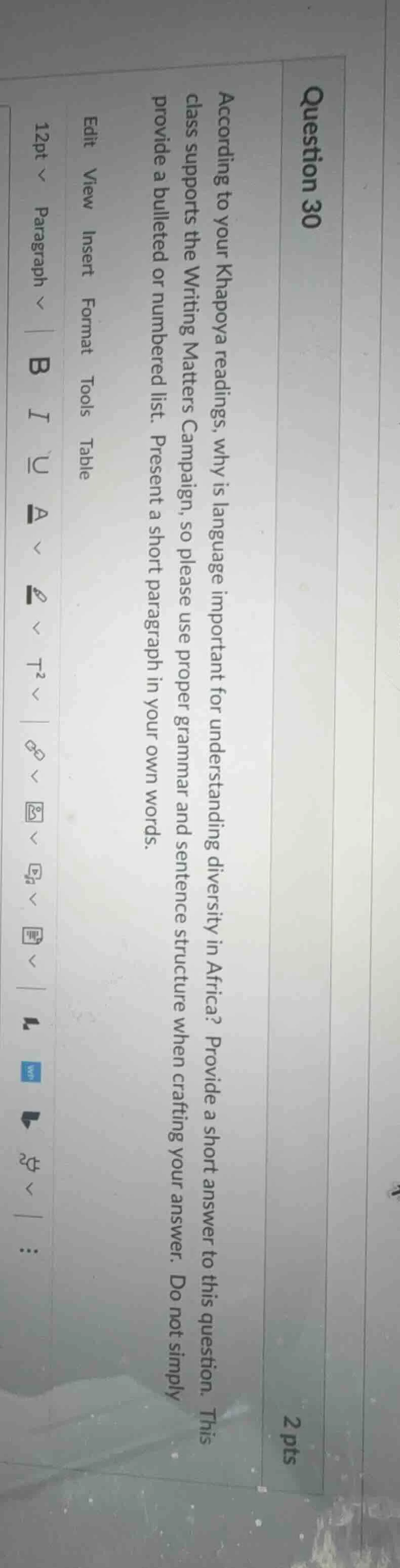 question 30 2 pts according to your khapoya readings, why is language i…