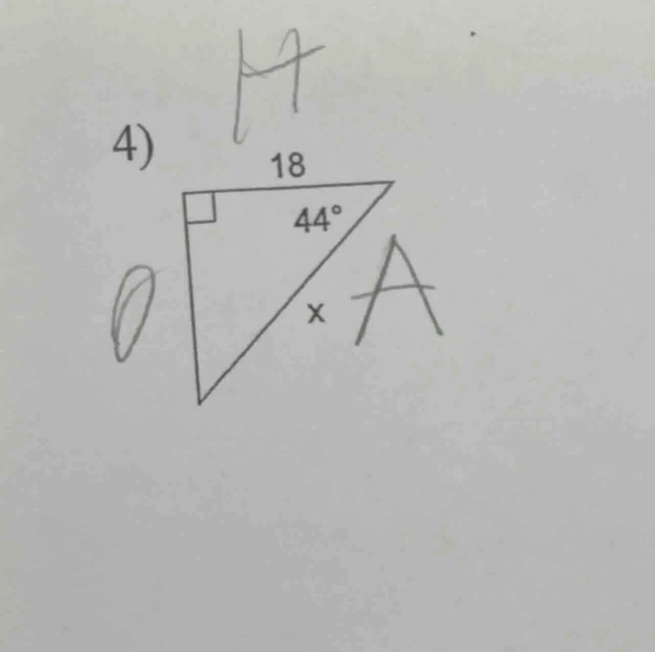 4) in a right triangle, one acute angle is 44°, the adjacent side to th…