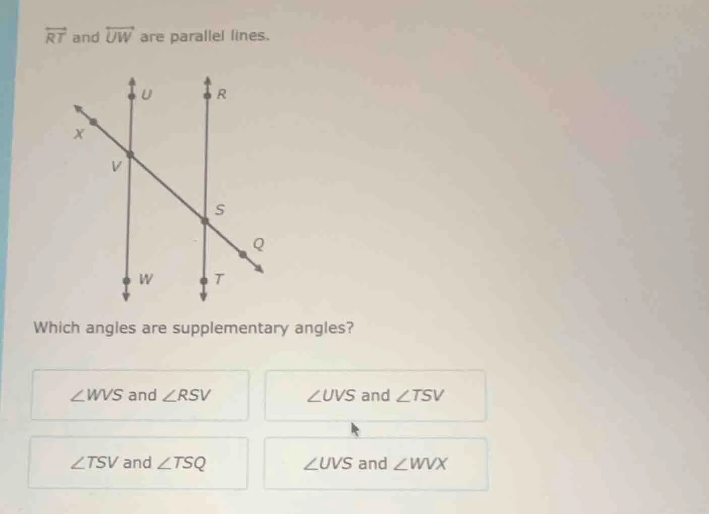 $overleftrightarrow{rt}$ and $overleftrightarrow{uw}$ are parallel line…