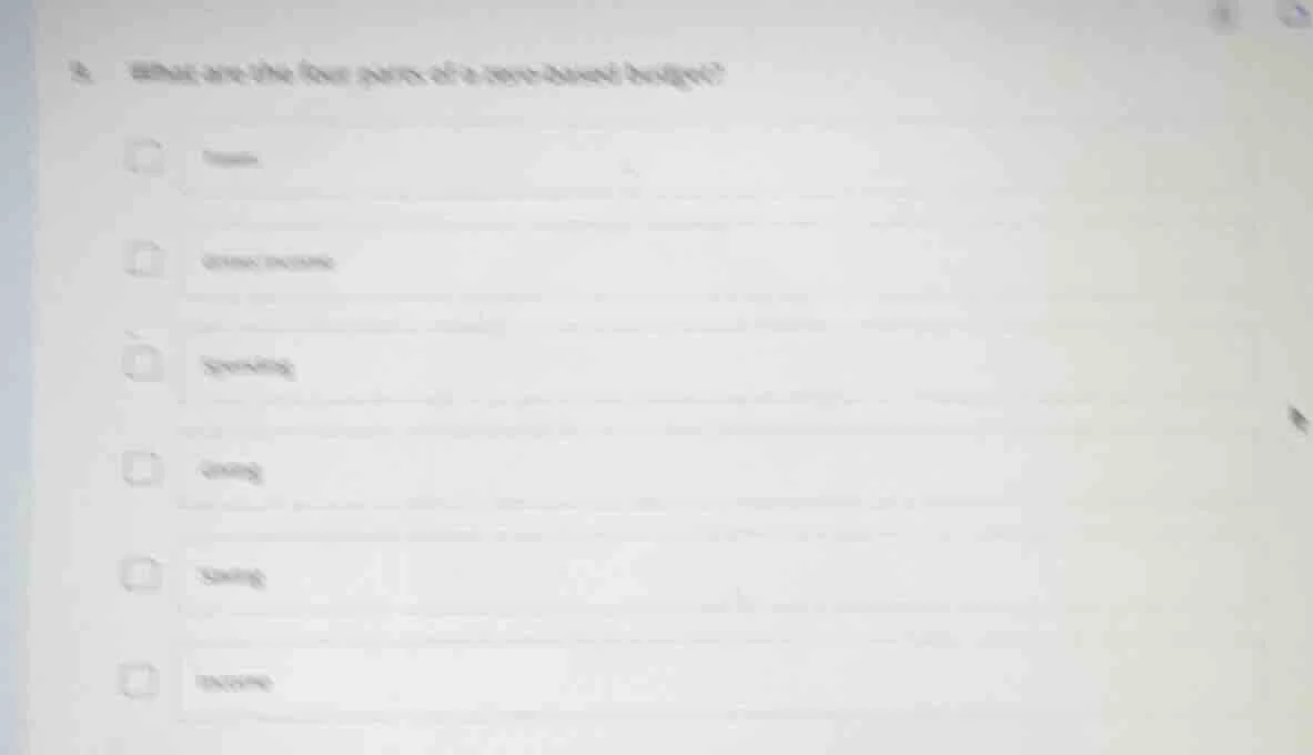 5. what are the four parts of a zero-based budget? income gross income …
