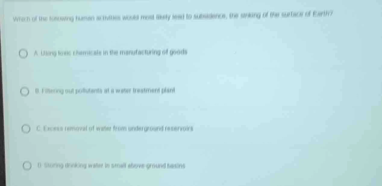 which of the following human activities would most likely lead to subsi…