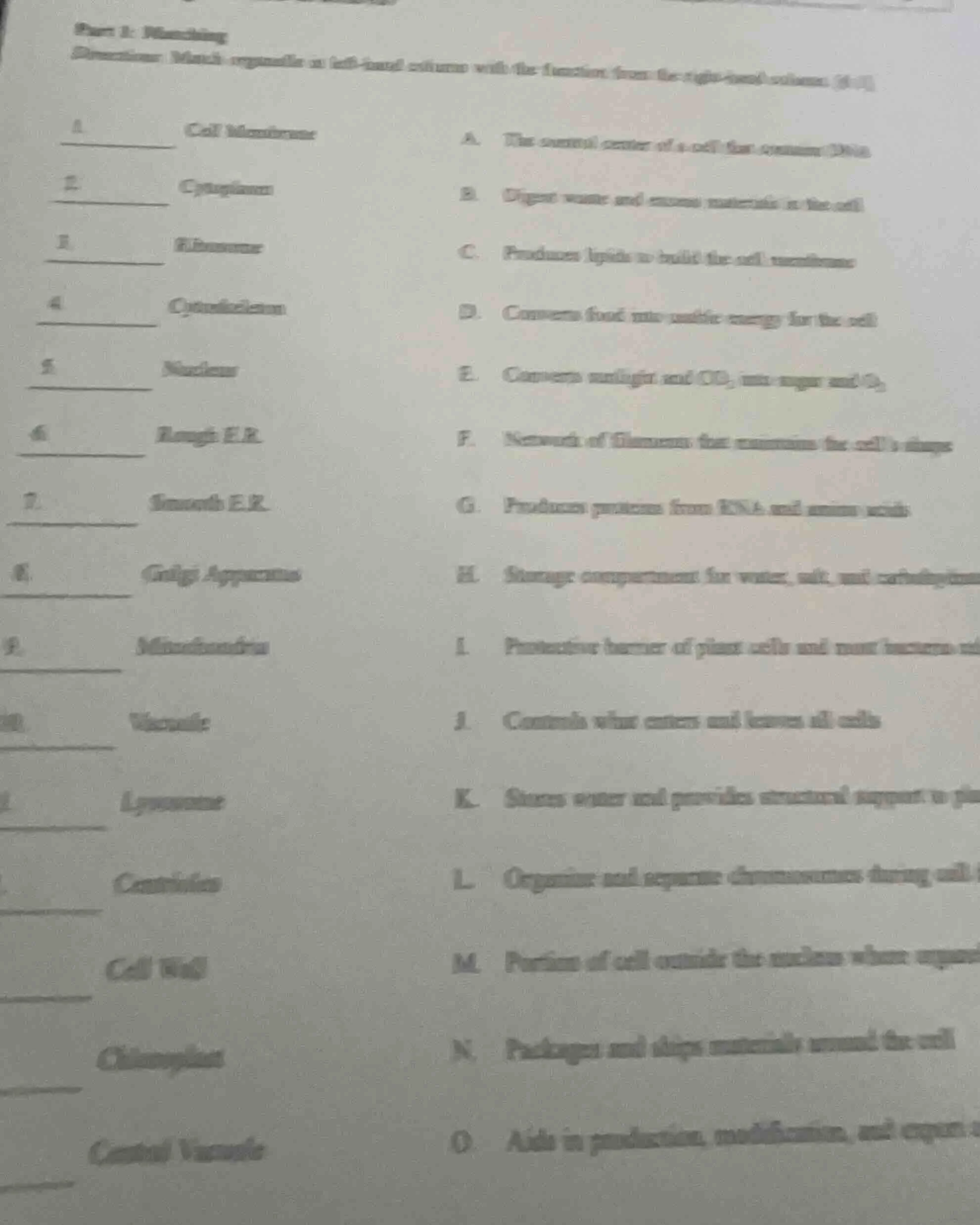 part 1: matching directions: match organelles in left-hand column with …