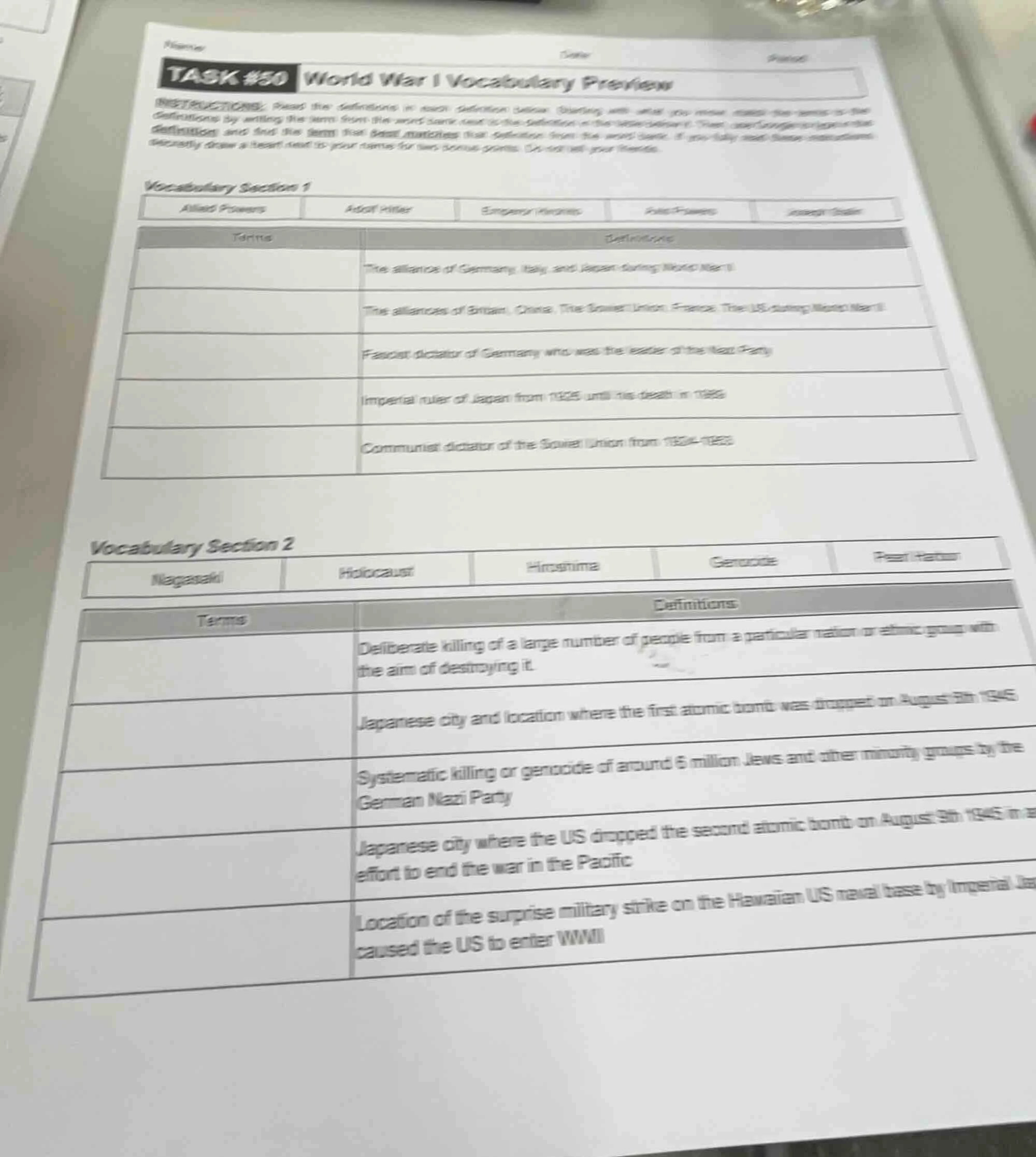 name date period task #50 world war i vocabulary preview instructions: …