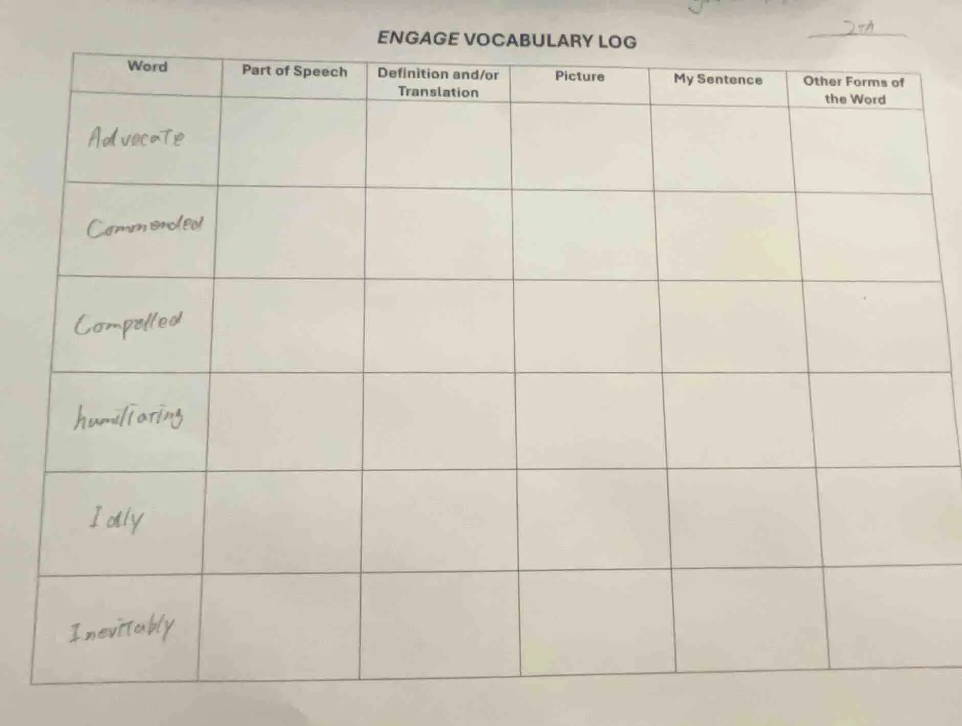 engage vocabulary log word part of speech definition and/or translation…