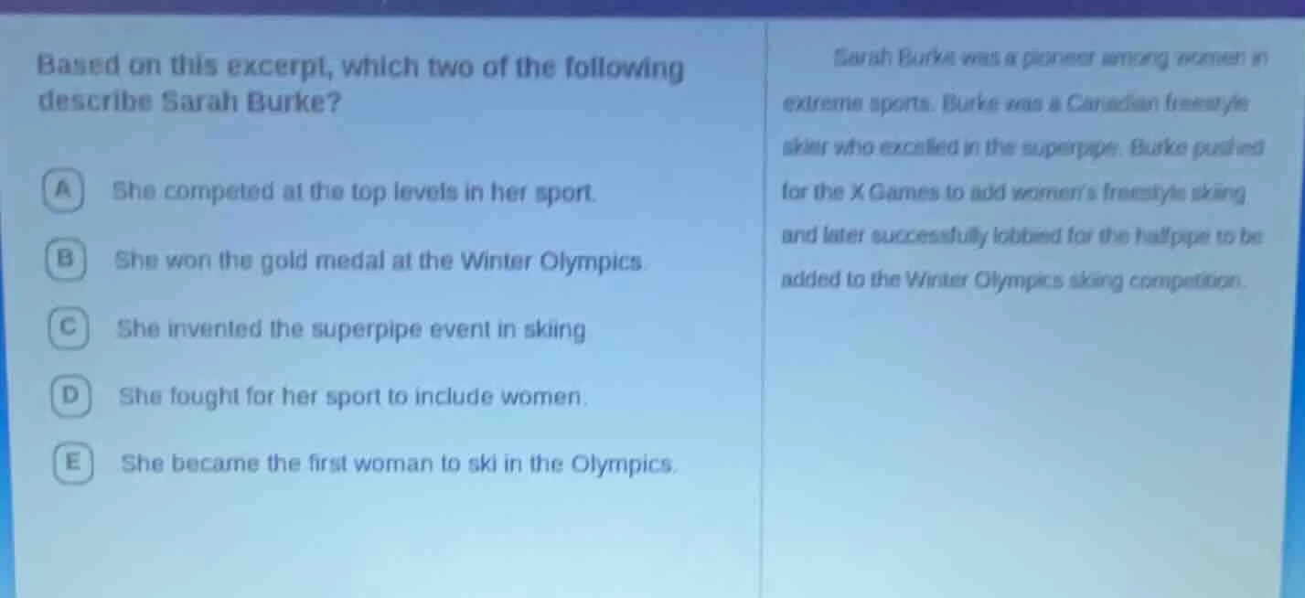 based on this excerpt, which two of the following describe sarah burke?…