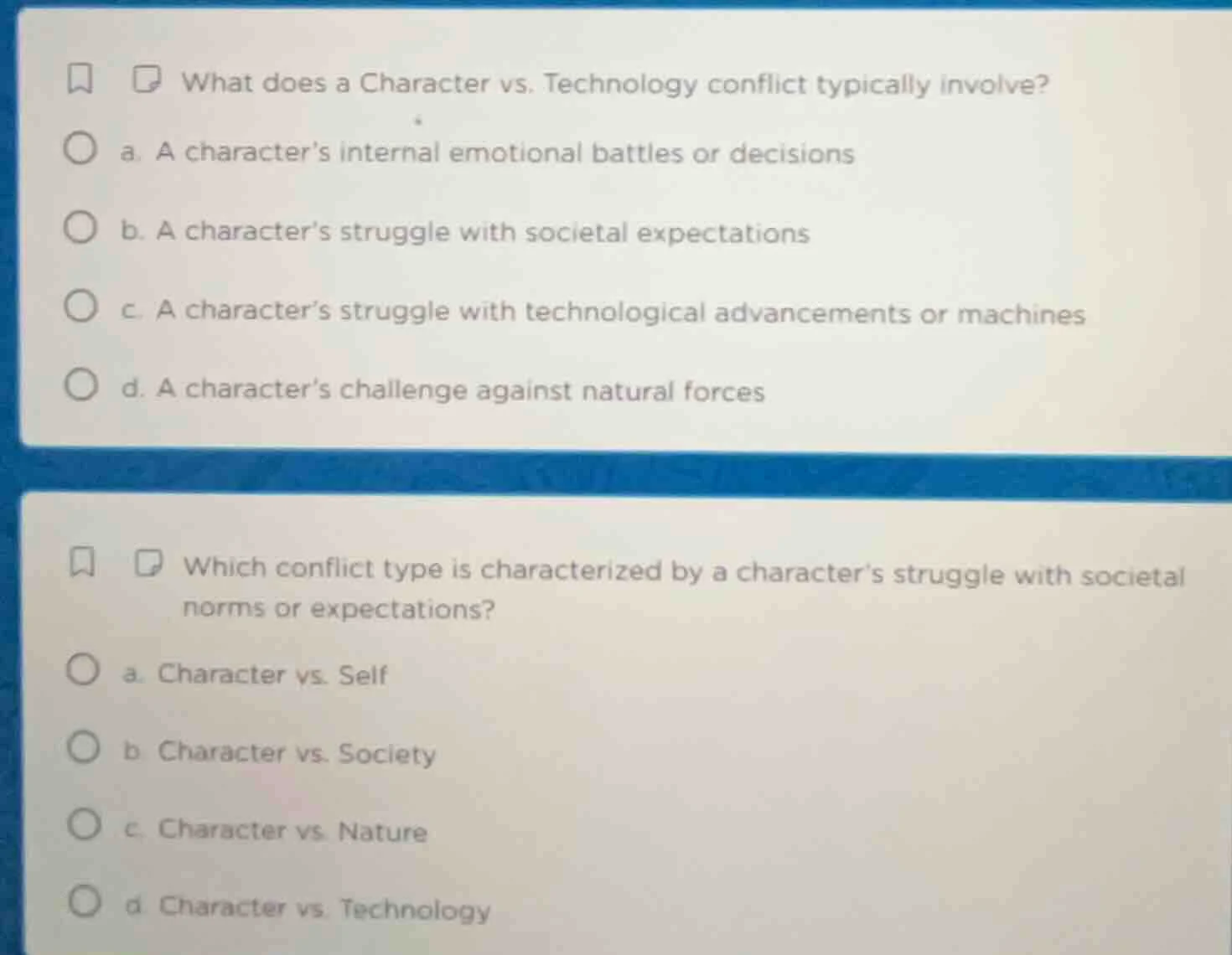 1. what does a character vs. technology conflict typically involve? a. …
