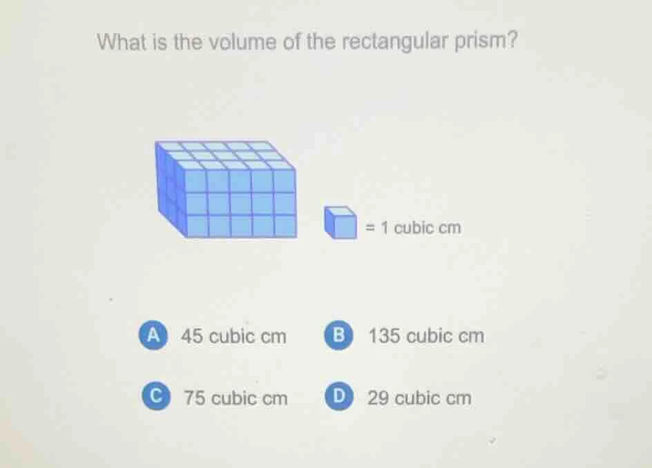 what is the volume of the rectangular prism? = 1 cubic cm a 45 cubic cm…