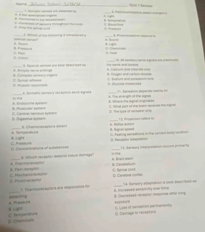 name ______ quiz 1 senses 1. somatic senses are detected by a. a few sp…