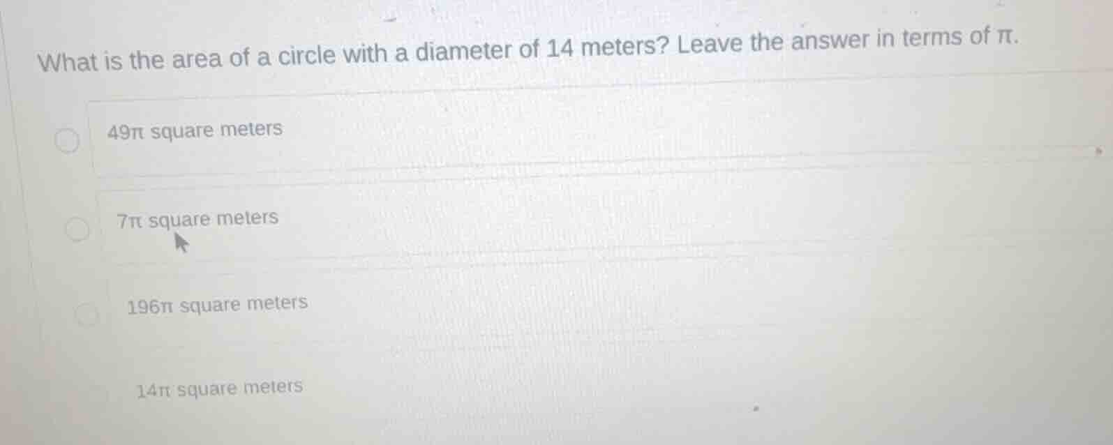 what is the area of a circle with a diameter of 14 meters? leave the an…