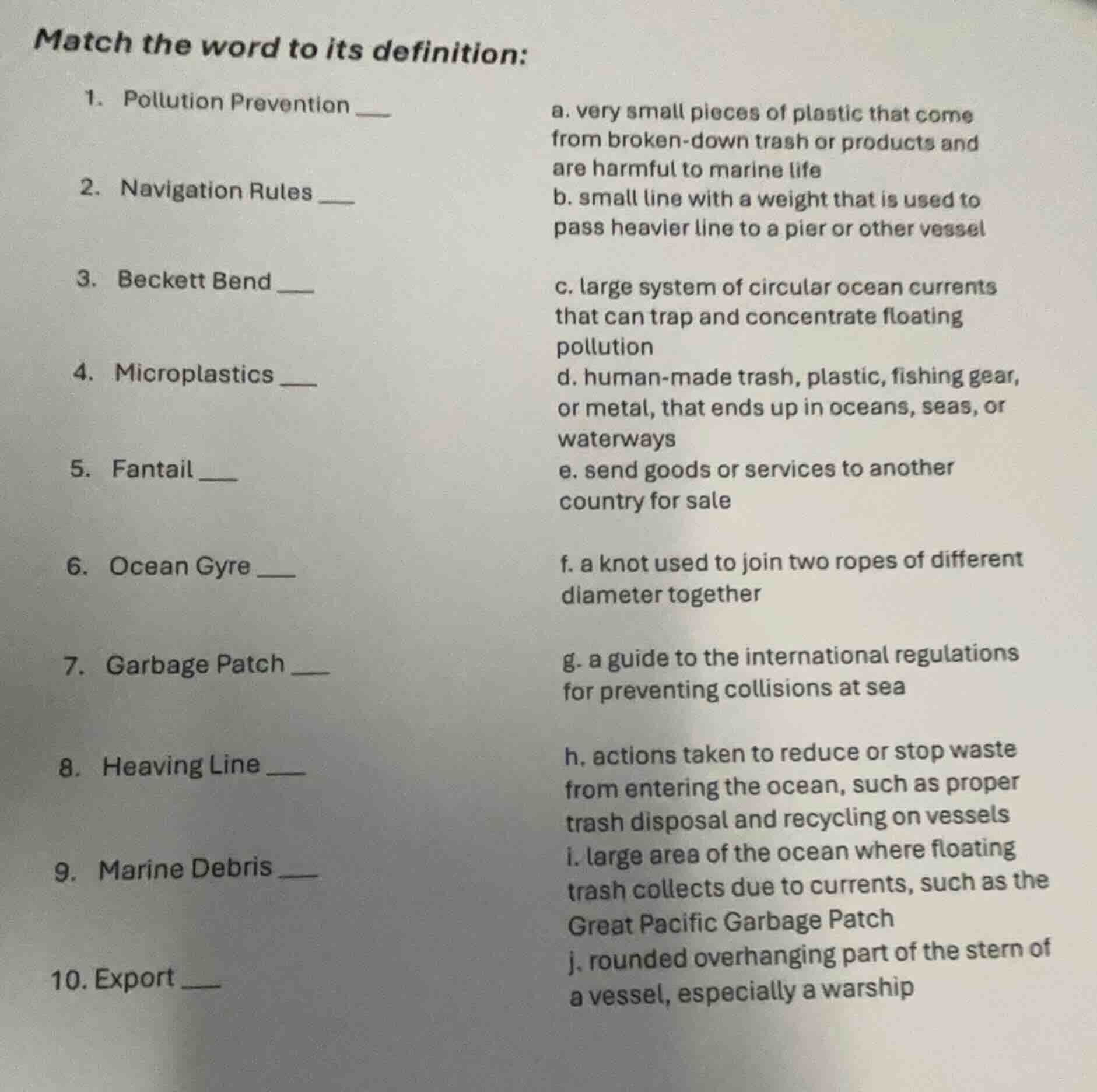 match the word to its definition: 1. pollution prevention ____ 2. navig…