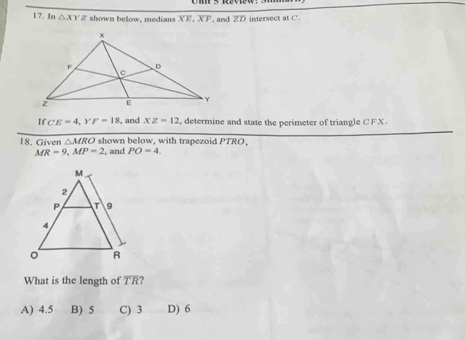 17. in $\triangle xyz$ shown below, medians $xe$, $xf$, and $zd$ inters…