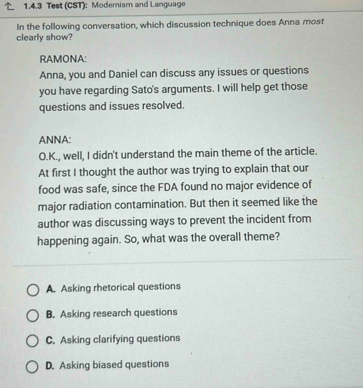 1.4.3 test (cst): modernism and language in the following conversation,…