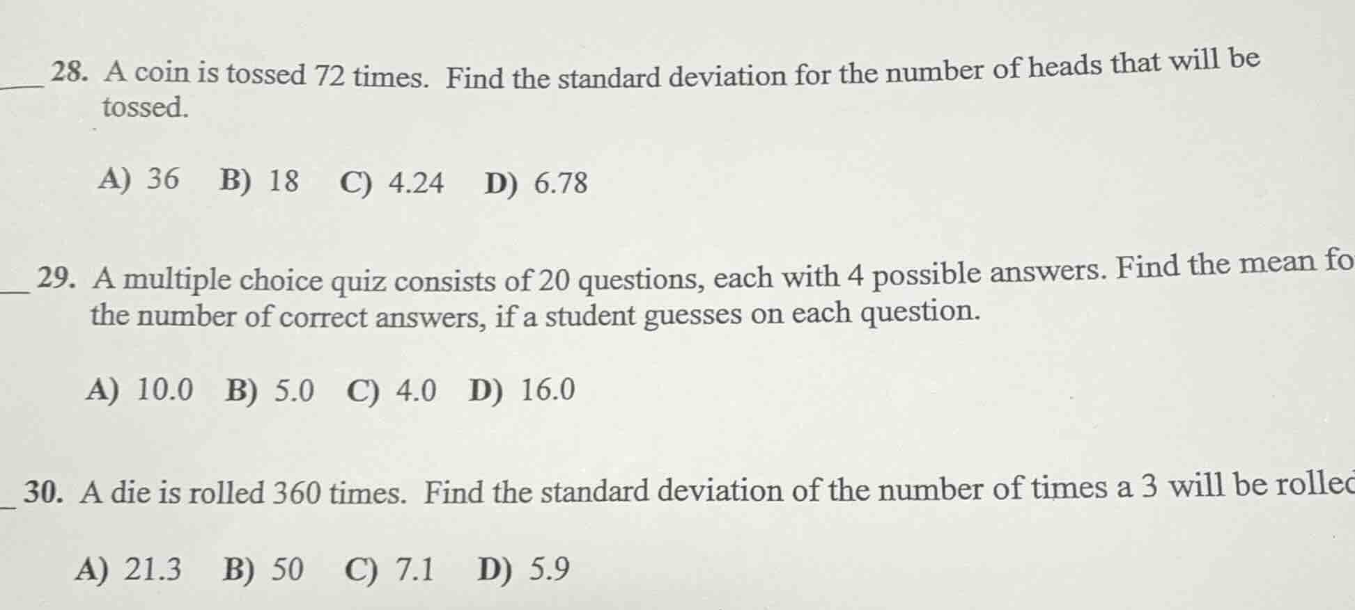 28. a coin is tossed 72 times. find the standard deviation for the numb…