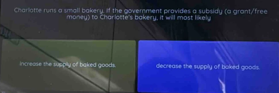 charlotte runs a small bakery. if the government provides a subsidy (a …