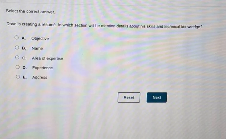 select the correct answer. dave is creating a résumé. in which section …