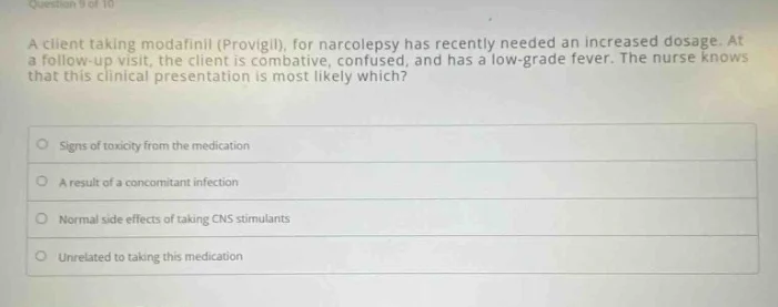 question 9 of 10 a client taking modafinil (provigil), for narcolepsy h…