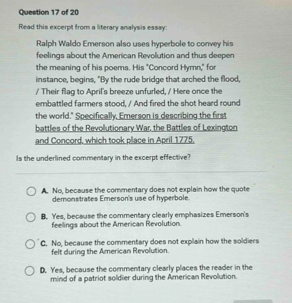 question 17 of 20 read this excerpt from a literary analysis essay: ral…