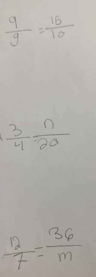 $\\frac{9}{g}=\\frac{16}{10}$ $\\frac{3}{4}=\\frac{n}{20}$ $\\frac{12}{…