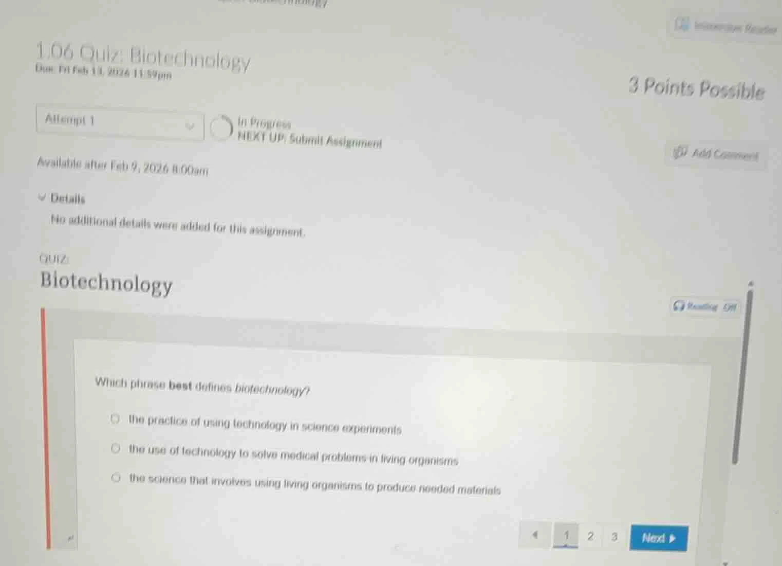 1.06 quiz: biotechnology due: fri feb 13, 2026 11:59pm 3 points possibl…