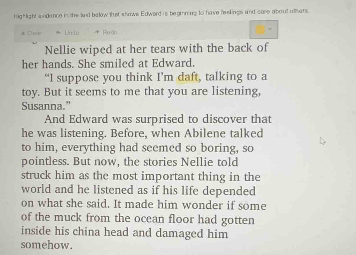 highlight evidence in the text below that shows edward is beginning to …