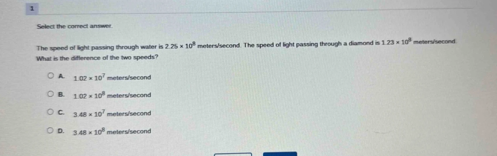 1 select the correct answer. the speed of light passing through water i…