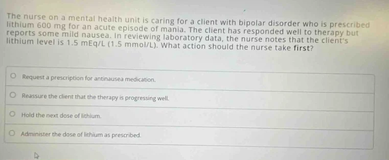 the nurse on a mental health unit is caring for a client with bipolar d…