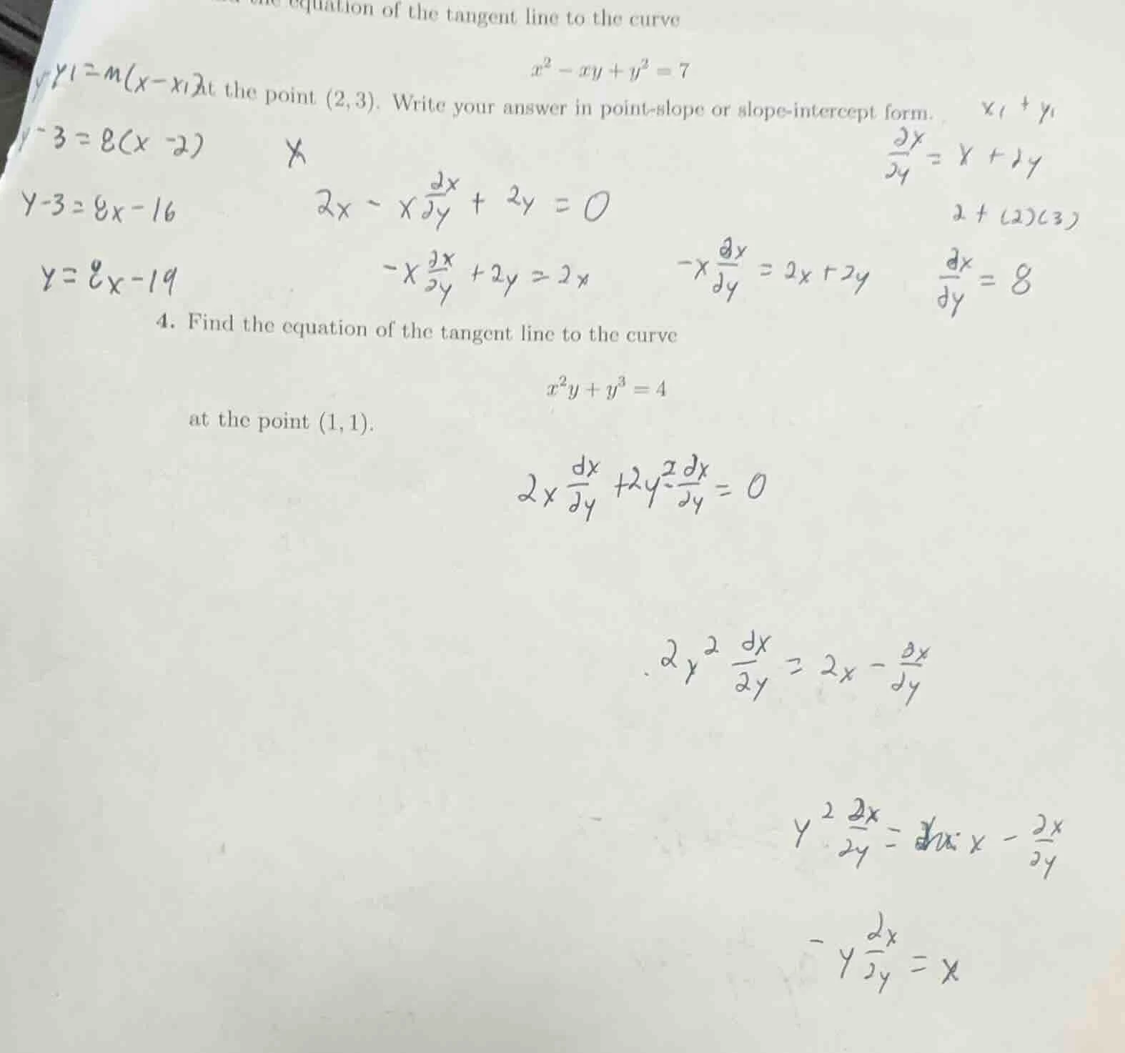 find the equation of the tangent line to the curve $x^2 - xy + y^2 = 7$…