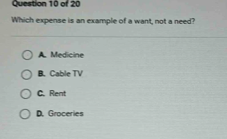 question 10 of 20 which expense is an example of a want, not a need? a.…