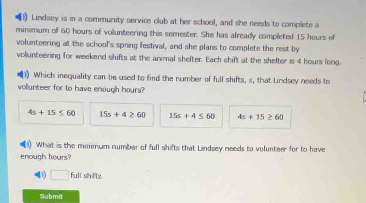 1) lindsey is in a community service club at her school, and she needs …