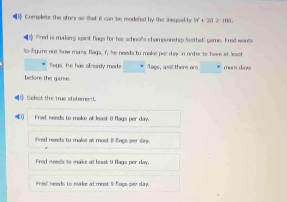1) complete the story so that it can be modeled by the inequality $9f +…
