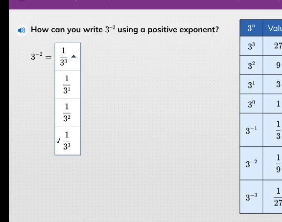 how can you write $3^{-2}$ using a positive exponent? $3^{-2} =$ $\\fra…