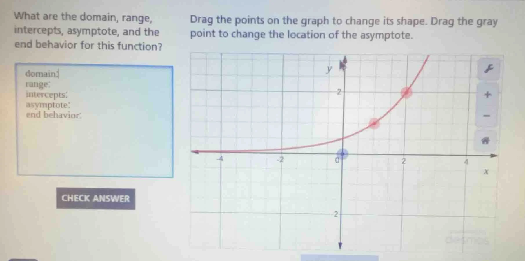 what are the domain, range, intercepts, asymptote, and the end behavior…