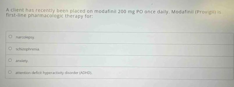 a client has recently been placed on modafinil 200 mg po once daily. mo…