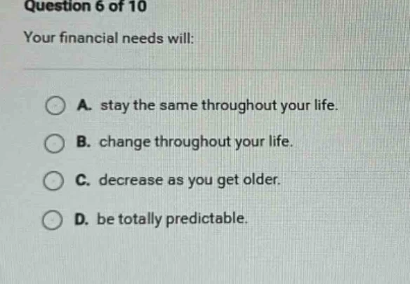 question 6 of 10 your financial needs will: a. stay the same throughout…