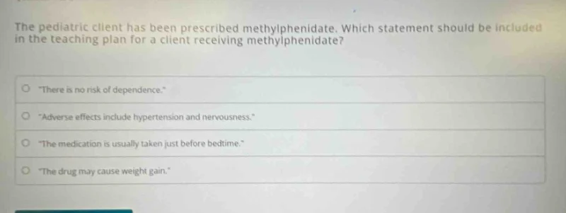 the pediatric client has been prescribed methylphenidate. which stateme…