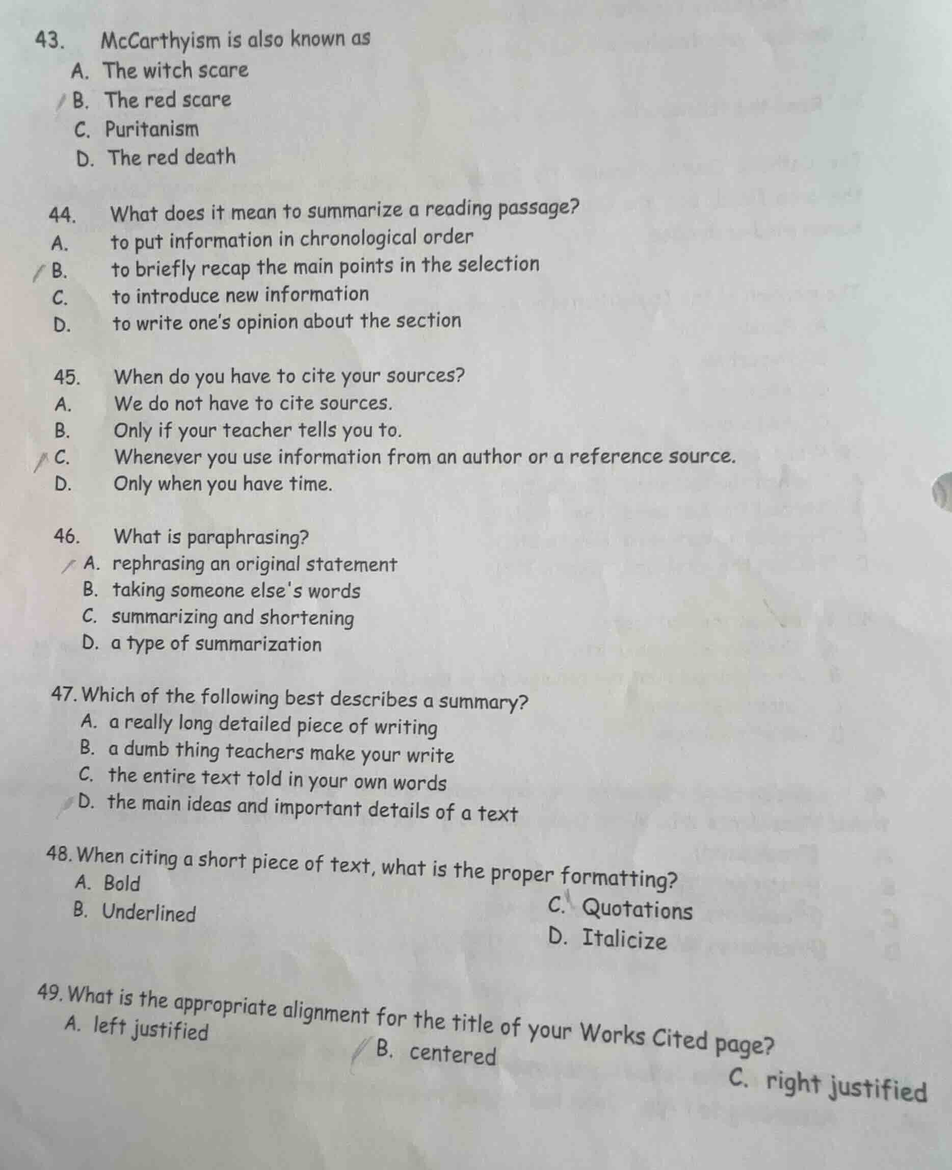 43. mccarthyism is also known as a. the witch scare b. the red scare c.…